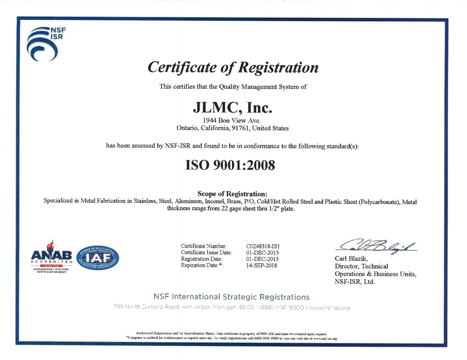 JLMC Inc Certificae of Registration ISO 9001-2008